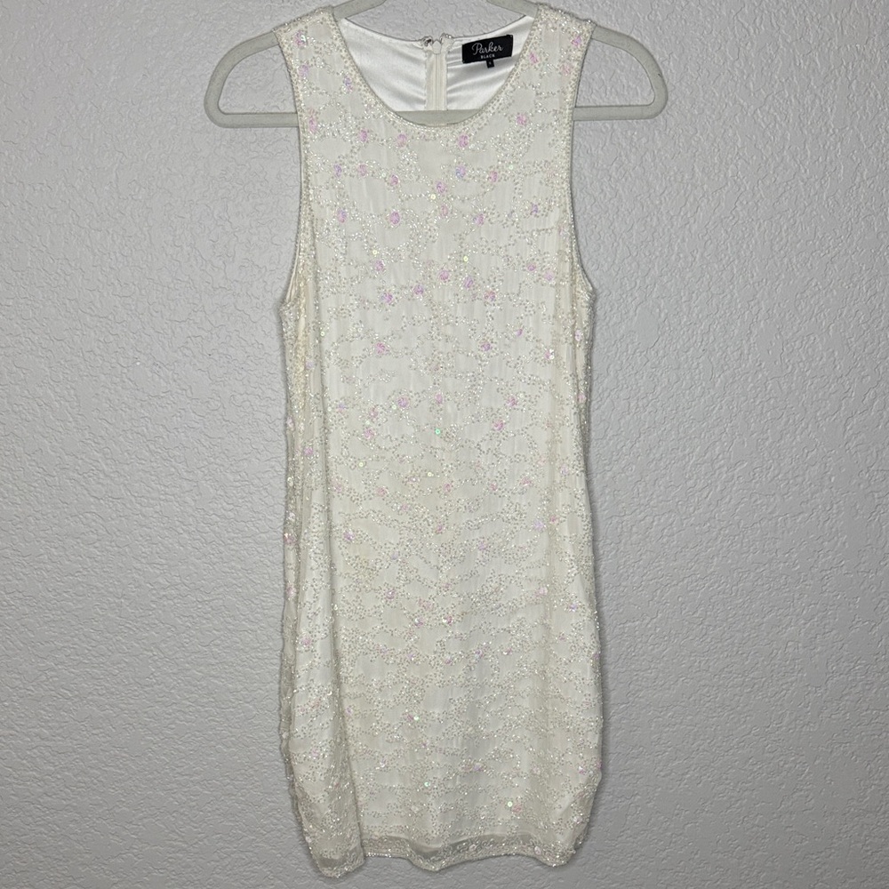 Parker Black White Ivory Mini Dress Size 6 Silk Beaded Bridal Wedding Elegant - Picture 3 of 11